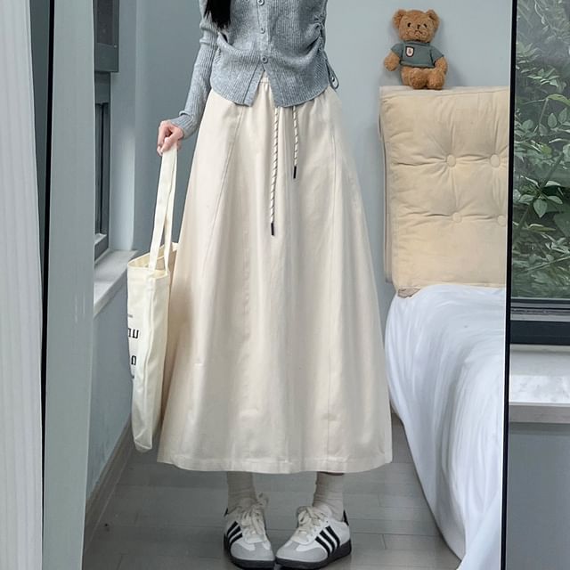evanesce-Elastic Waist Plain Maxi A-Line Skirt