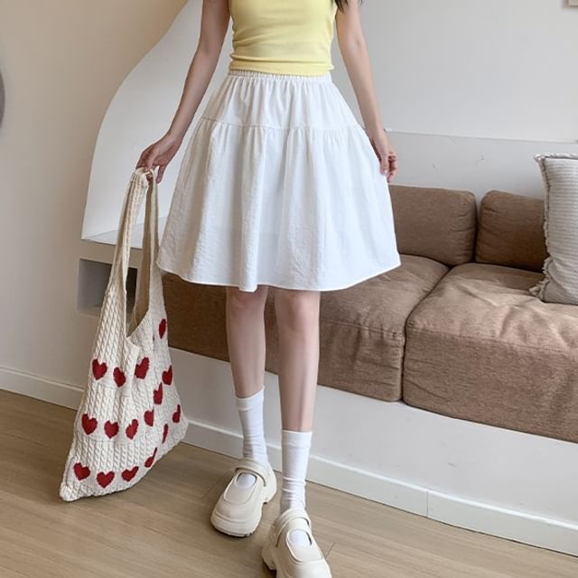 evanesce-Elastic Waist Plain Mini A-Line Skirt