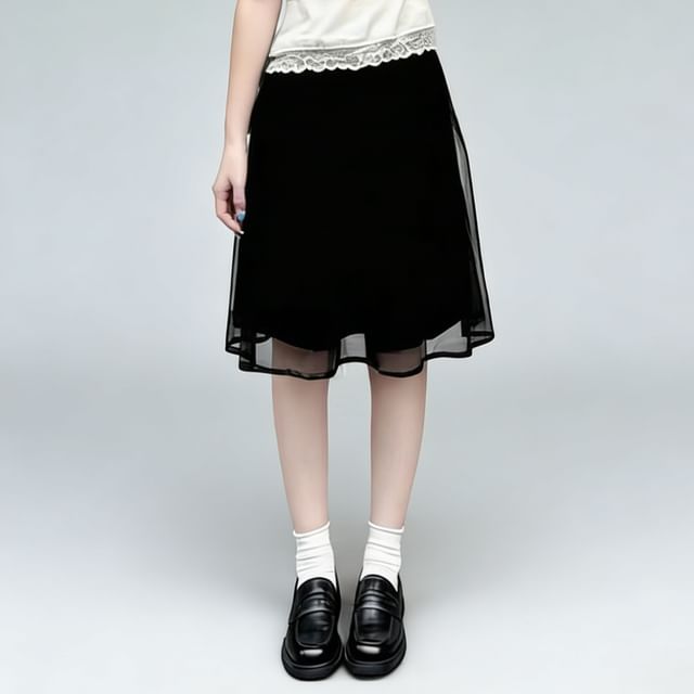 evanesce-Elastic Waist Plain Sheer Panel A-Line Skirt