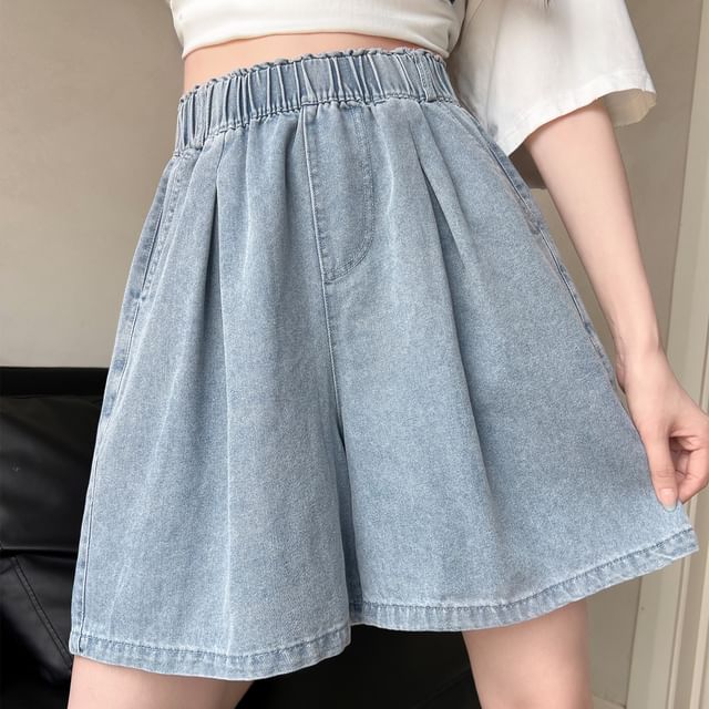 evanesce-Elastic Waist Washed Denim Shorts
