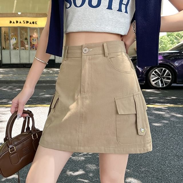 evanesce-High Rise Plain Mini A-Line Cargo Skirt