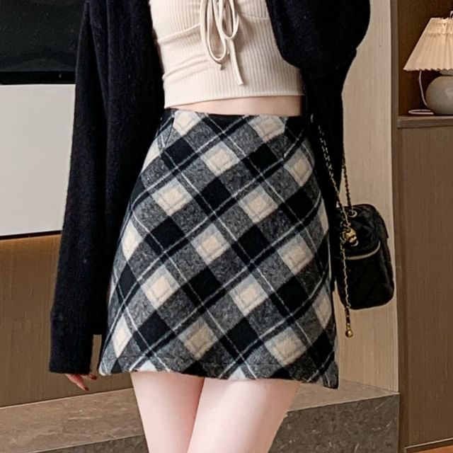 evanesce-High Waist Plaid Mini A-Line Skirt