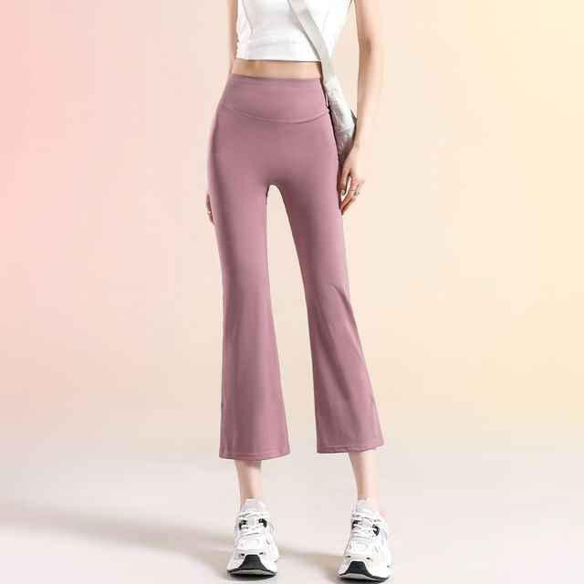 evanesce-High Waist Plain Crop Flared Yoga Pants