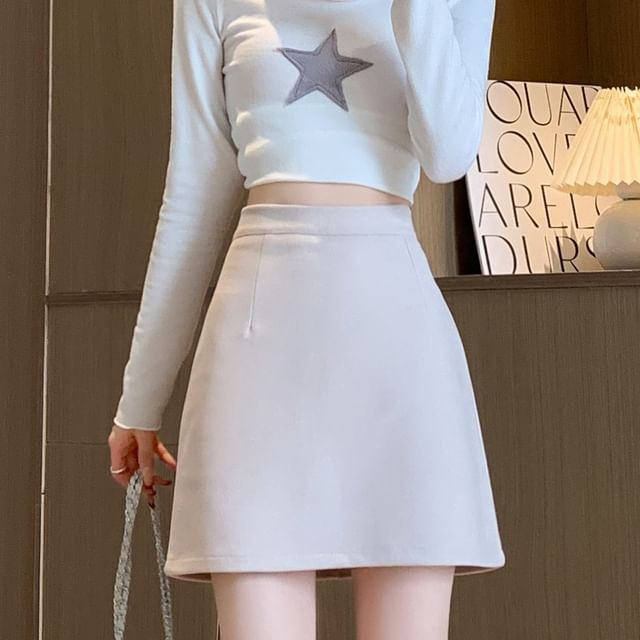 evanesce-High Waist Plain Mini A-Line Skirt