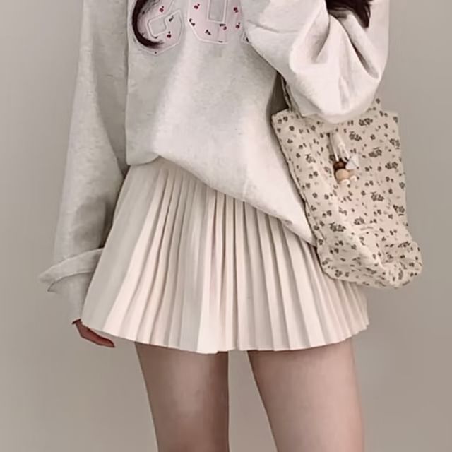 evanesce-High Waist Plain Mini Pleated Skirt