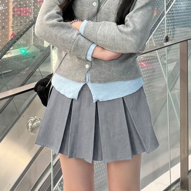 evanesce-High Waist Plain Mini Pleated Skirt