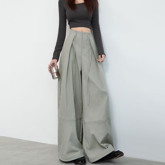 evanesce-High Waist Plain Pleated Wide Leg Pants