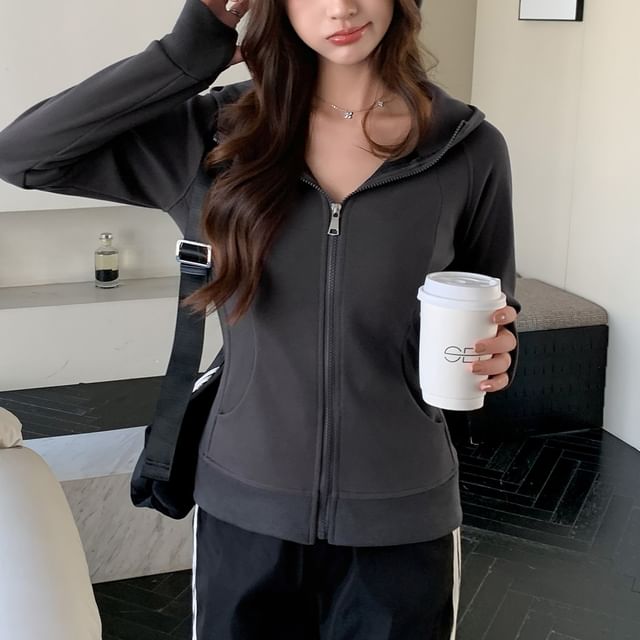 evanesce-Hooded Plain Zip Jacket