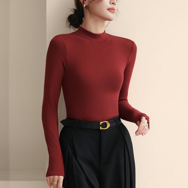 evanesce-Long-Sleeve Mock Neck Plain T-Shirt