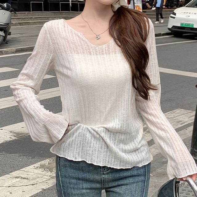 evanesce-Long-Sleeve Notch Neck Plain Sheer Tee