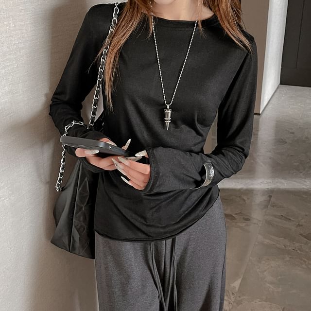 evanesce-Long-Sleeve Round Neck Plain T-Shirt