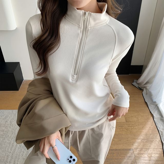evanesce-Long-Sleeve Stand Collar Half Zip Plain T-Shirt