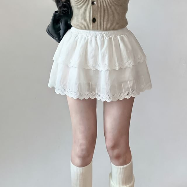 evanesce-Low Waist Plain Mini Tiered Skirt