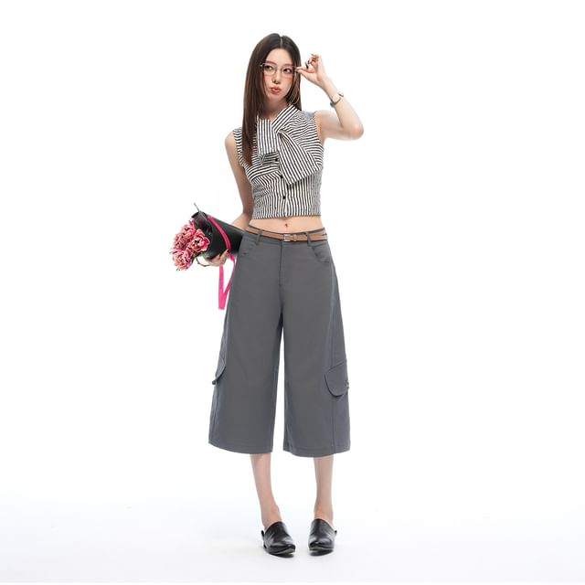 evanesce-Mid Rise Plain Capri Wide Leg Pants