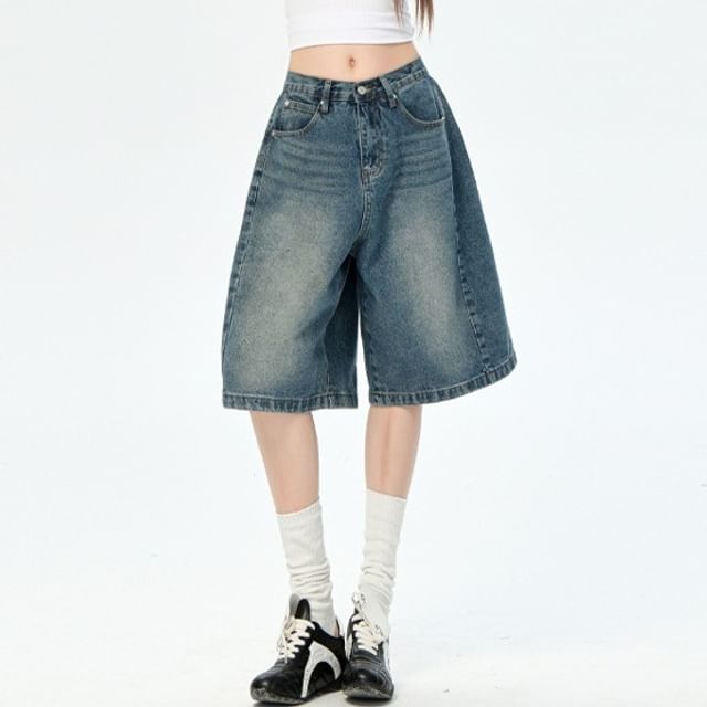 evanesce-Mid Rise Washed Wide Leg Jorts