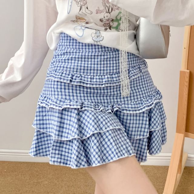evanesce-Mid Waist Plaid Mini A-Line Skirt