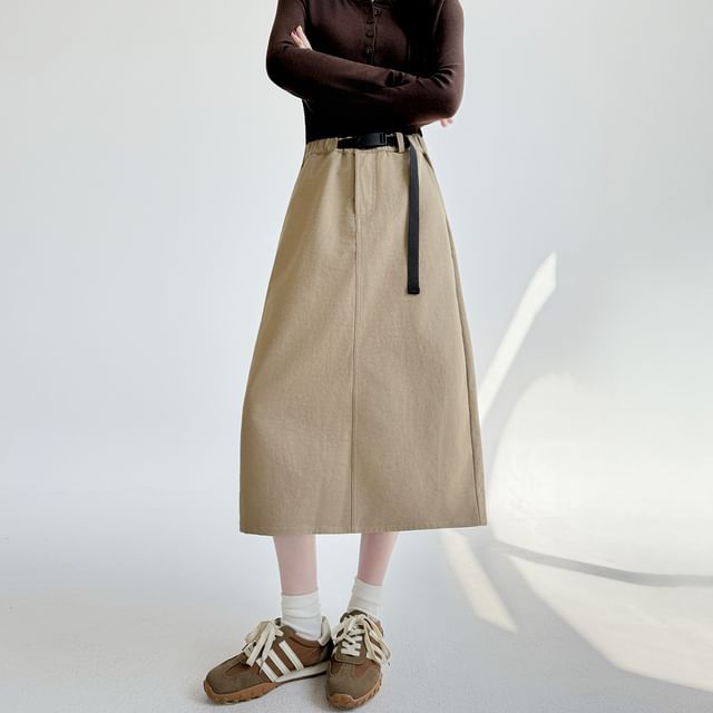 evanesce-Mid Waist Plain Midi A-Line Skirt