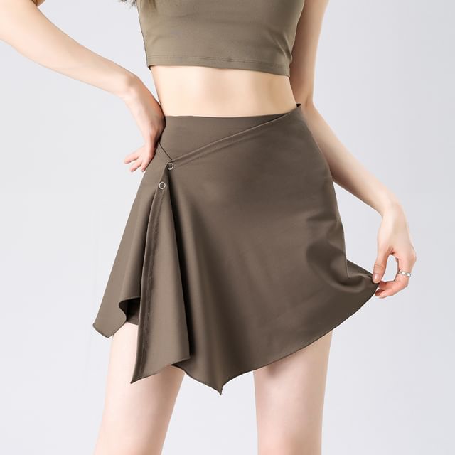 evanesce-Set High Rise Plain Yoga Shorts Asymmetrical Buttoned Mini Wrap Skirt