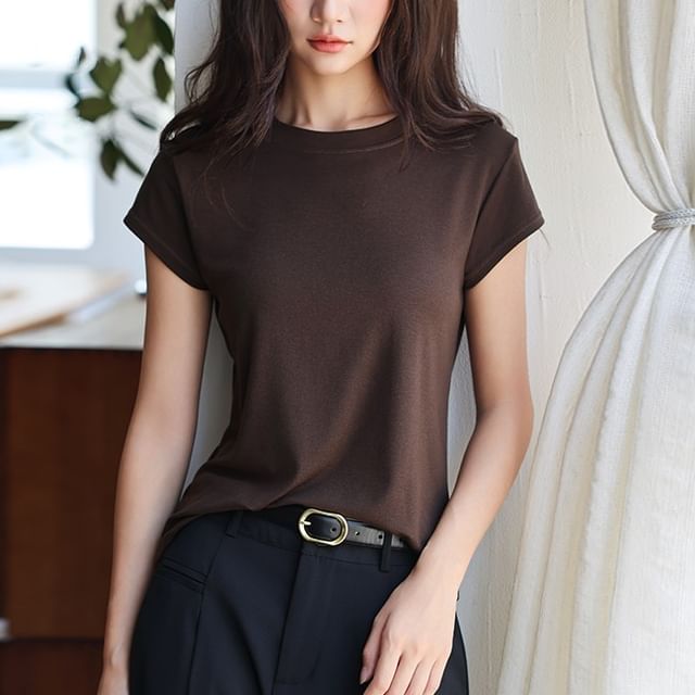 evanesce-Short Sleeve Round Neck Plain Tee