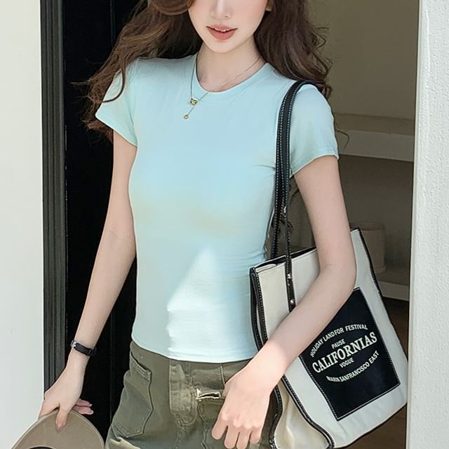 evanesce-Short Sleeve Round Neck Plain Tee