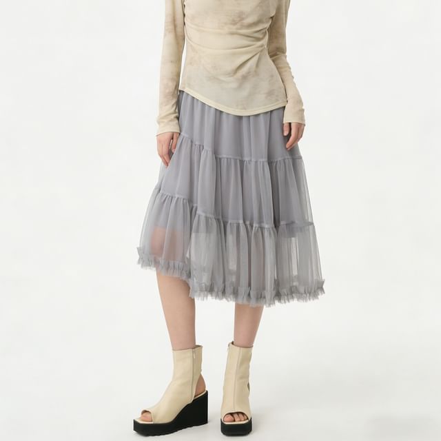 ever after-Asymmetric Hem Mesh Layered Midi Skirt