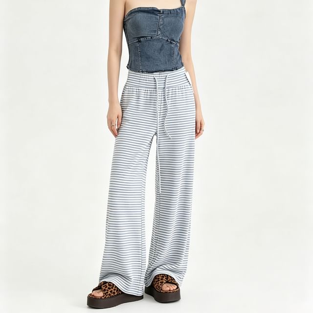 ever after-Drawstring Waist Striped Wide Leg Pants