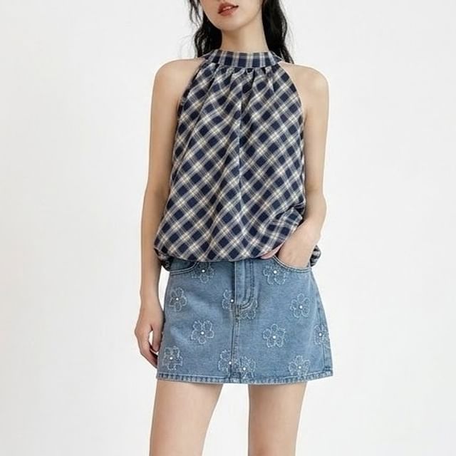 ever after-Halter Neck Plaid Bubble Hem Top
