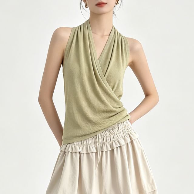 ever after-Halter V-Neck Plain Ruched Open Back Knit Top