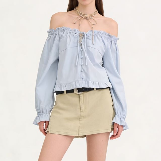 ever after-Long-Sleeve Frill Trim Plain Blouse