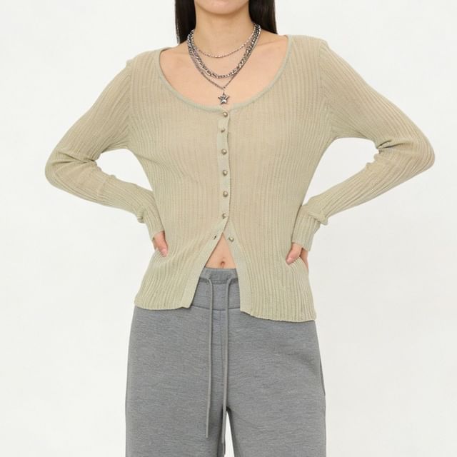 ever after-Long-Sleeve U-Neck Ribbed Plain Knit Top
