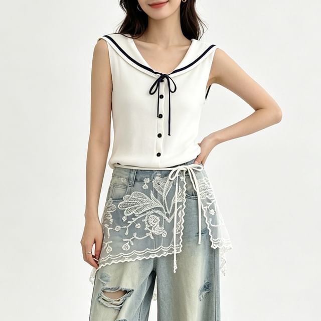 ever after-Sailor Collar Contrast Trim Tie Front Button-Up Sweater Vest