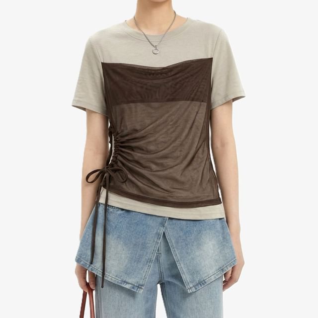ever after-Short-Sleeve Crew Neck Plain Drawstring Mesh Panel Mock Two-Piece T-Shirt
