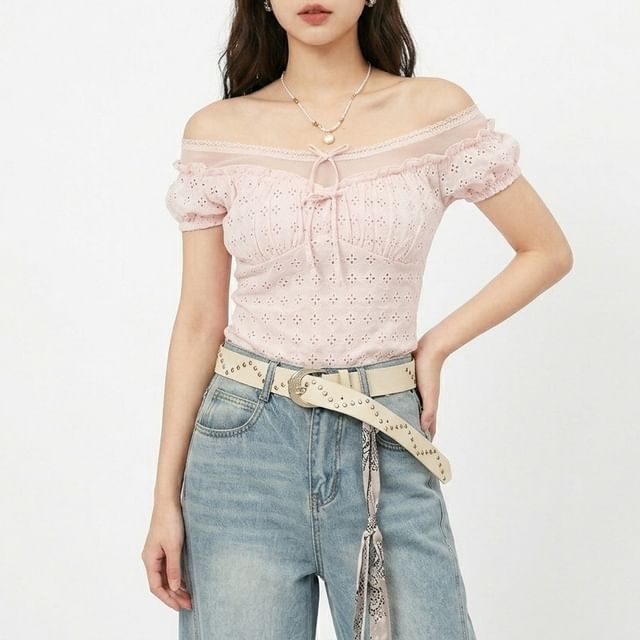 ever after-Short-Sleeve Round Neck Plain Embroidered Top
