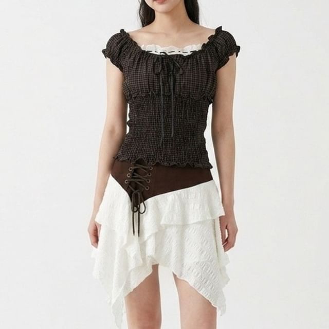 ever after-Sleeveless Square Neck Plaid Ruffle Trim Blouse