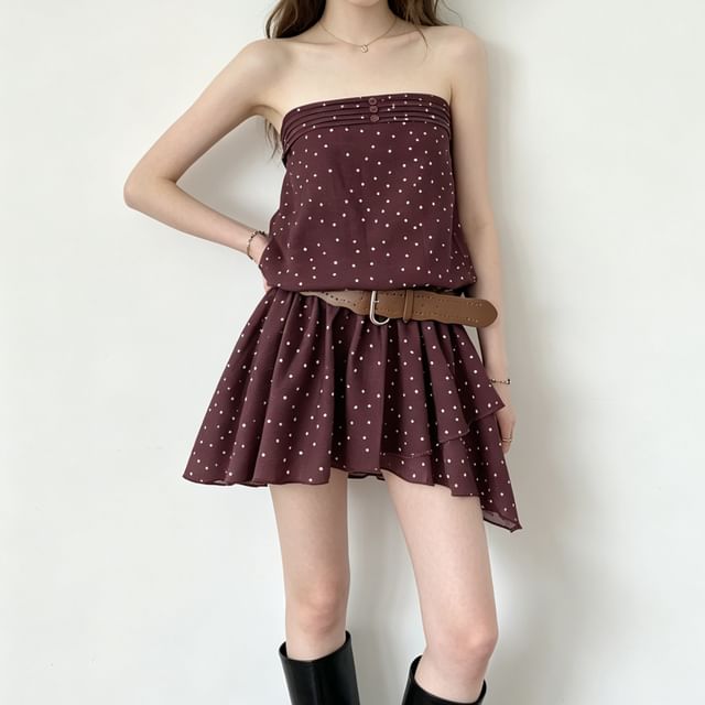 ever after-Strapless Dotted Belted Mini A-Line Dress