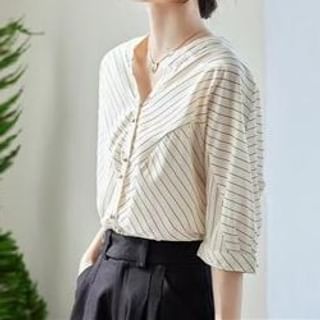Everose-34-Sleeve Notch Neck Striped Button-Up Blouse