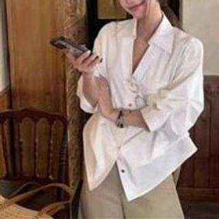 Everose-34-Sleeve V-Neck Collared Button-Up Plain Blouse