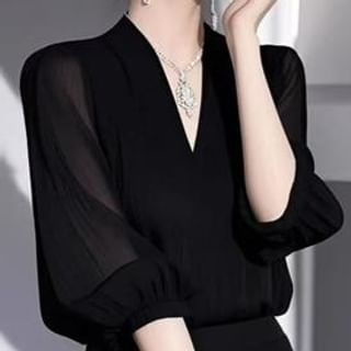 Everose-34-Sleeve V-Neck Plain Sheer Blouse