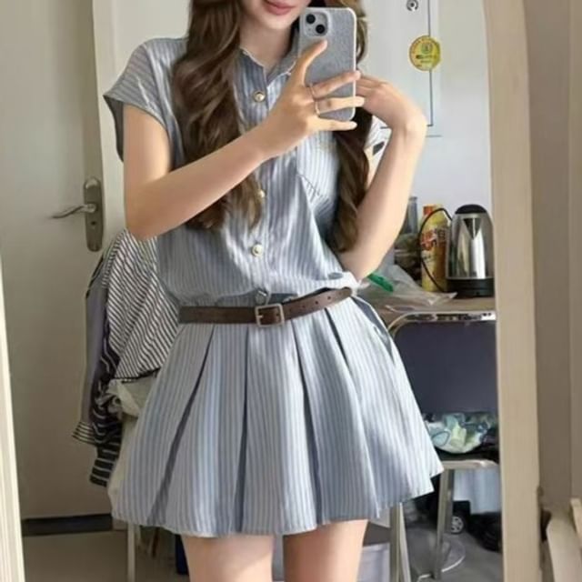 Everose-Cap-Sleeve Collared Striped Button Up Mini Shirt Dress