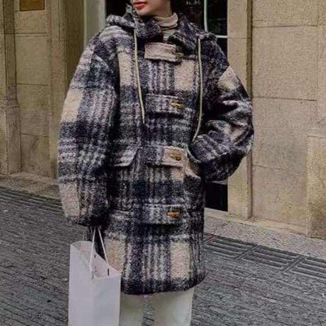 Everose-Collar Plaid Drawstring Hooded Toggle Coat