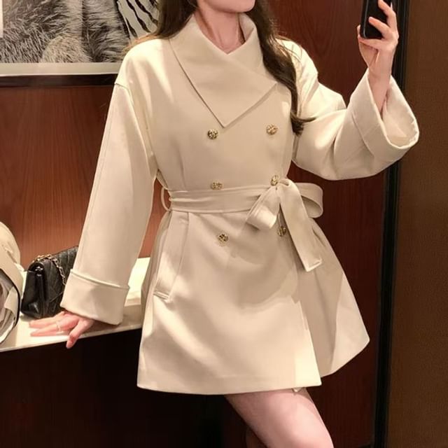 Everose-Collar Plain Sashed Double-Breasted Trench Coat
