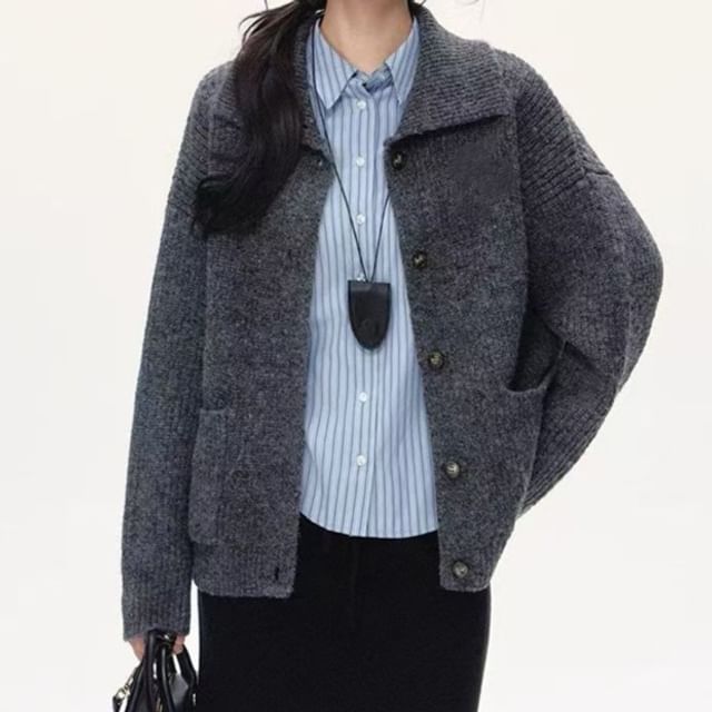 Everose-Collared Button-Up Plain Cardigan
