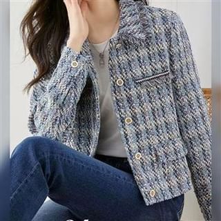 Everose-Collared Fringed Button-Up Tweed Crop Jacket