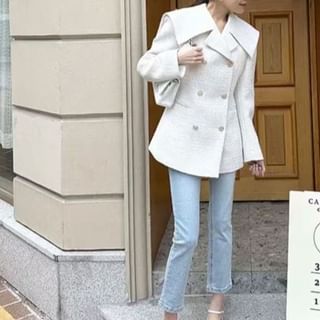 Everose-Collared Plain Tweed Double Breasted Jacket