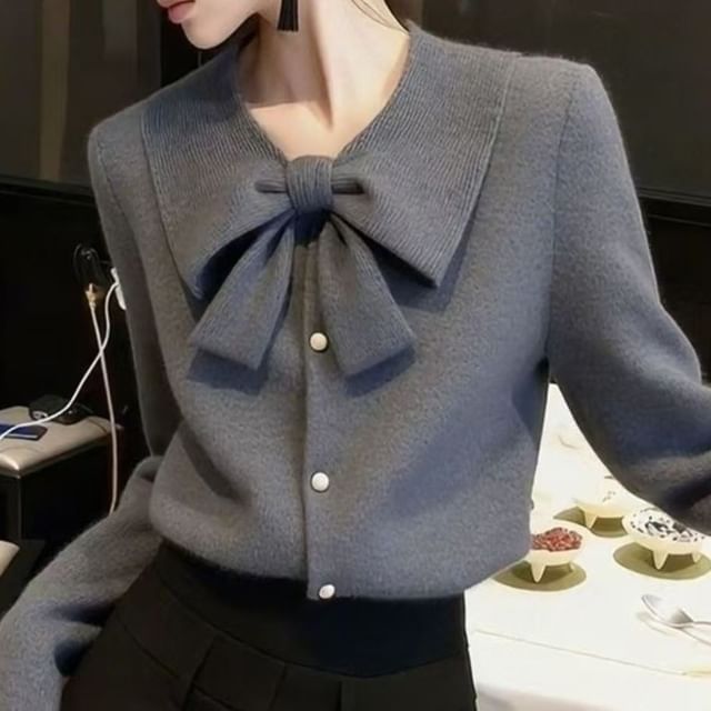 Everose-Collared Tie Neck Plain Button Up Cardigan