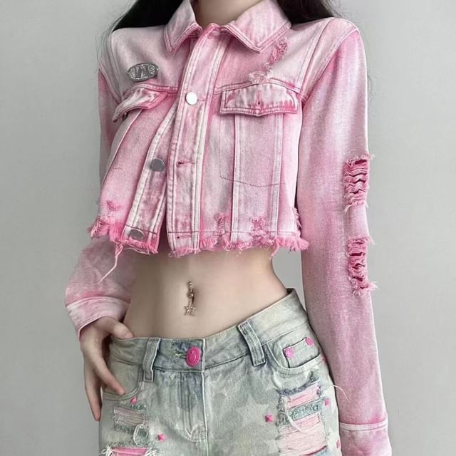 Everose-Collared Washed Distressed Denim Crop Jacket