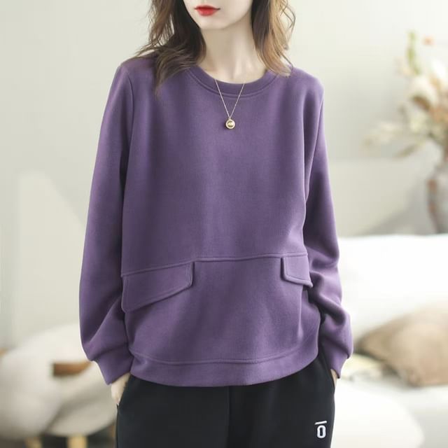 Everose-Crew Neck Plain Pocket Sweatshirt