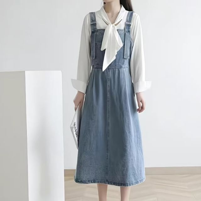 Everose-Denim Midi A-Line Overall Dress