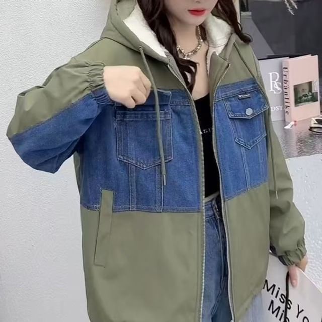 Everose-Denim Panel Fleece-Lined Hooded Zip-Up Jacket