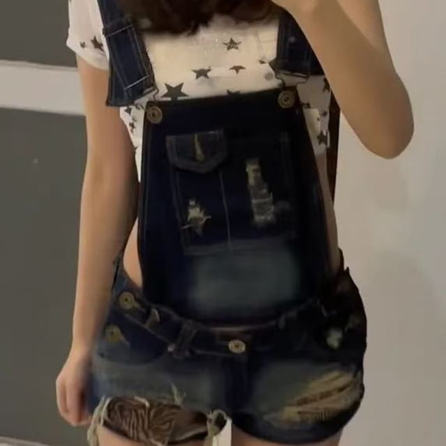 Everose-Distressed Washed Denim Dungaree Shorts